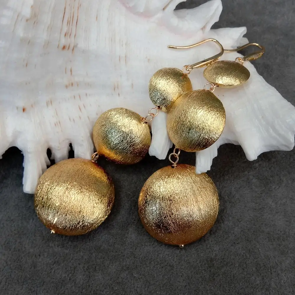 YYGEM 16mm-20mm-26mm Matte Finish Coin Beads Hook Earrings Brushed Gold Plated Dangle Earrings Fashion Jewelry