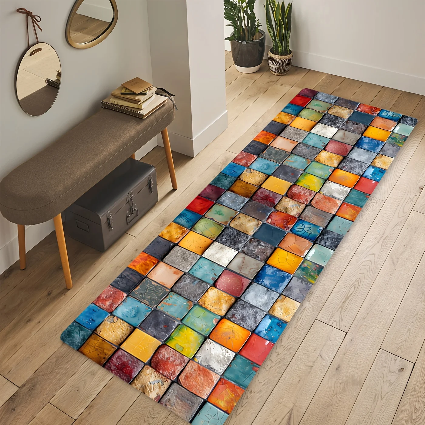 Modern Rainbow Mosaic Tile Runner Rug Vintage Crack Texture Multi Tone Square Block Abstract Printed Long Floor Mat Corridor