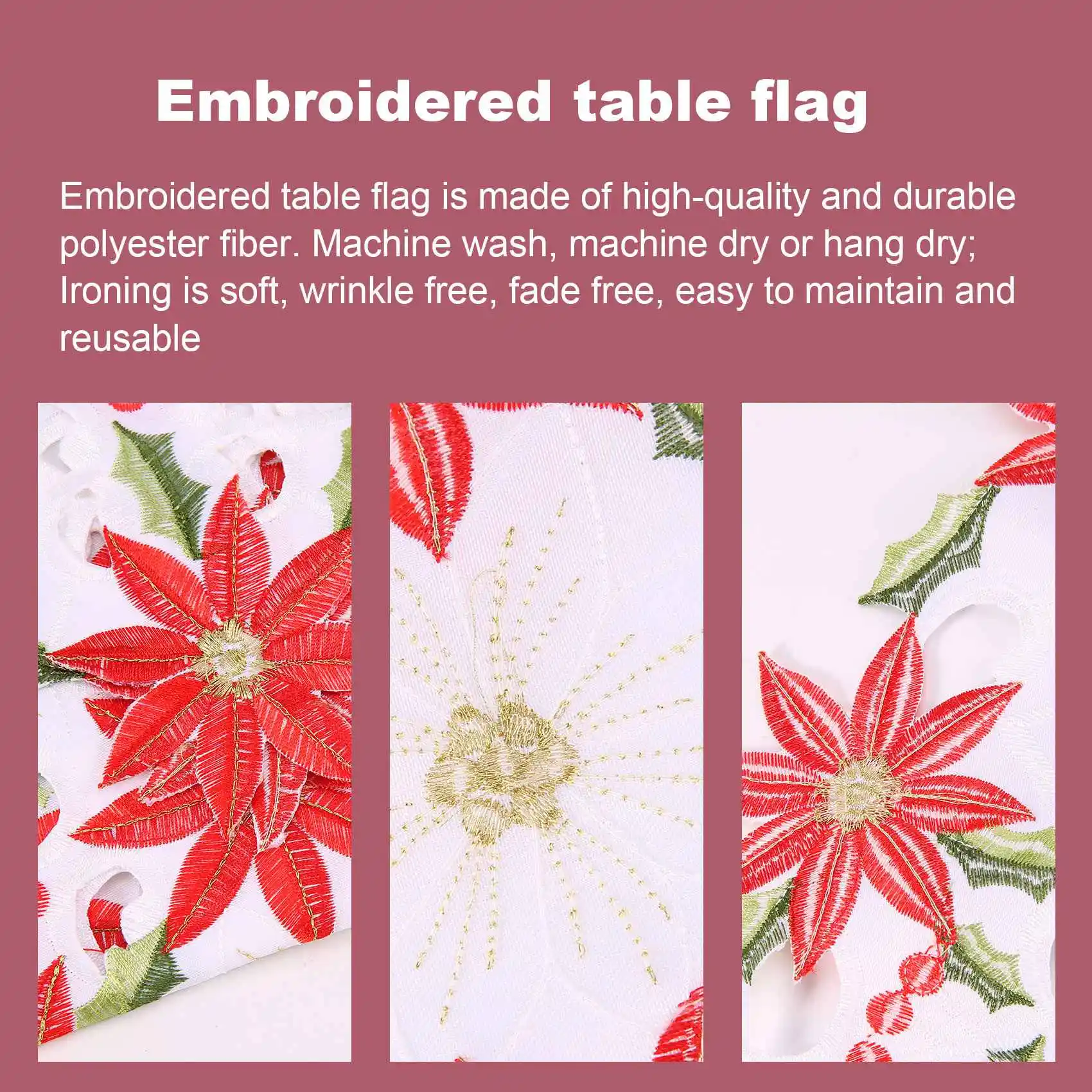 مفرش طاولة مطرز لعيد الميلاد، مفرش طاولة هولي بونسيتة فاخر لزينة عيد الميلاد، 15 × 70 بوصة