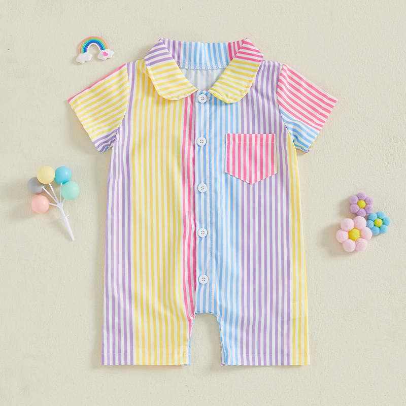 

0-12M Newborn Infant Baby Boy Colorful Stripe Romper Short Sleeve Lapel Button Down Pocket Jumpsuit for Summer