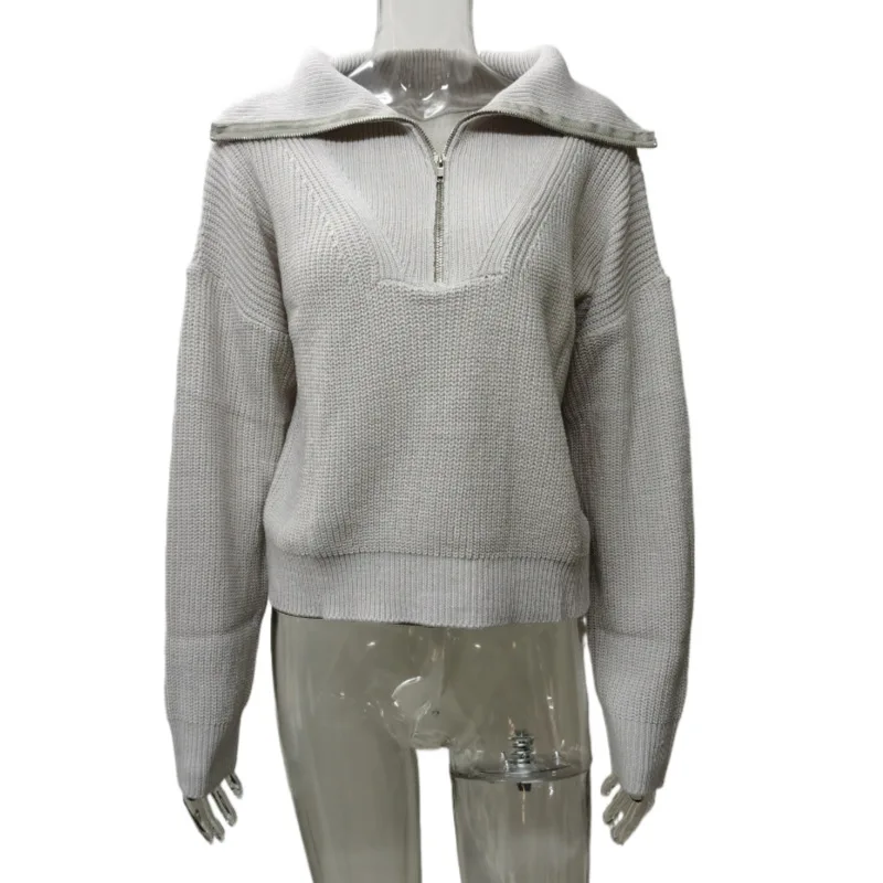 

Loose Long Sve Knitted Women Sweater Autumn Winter Comfortable Casual Sle f Open Collar Zipper Closure Faionable Top