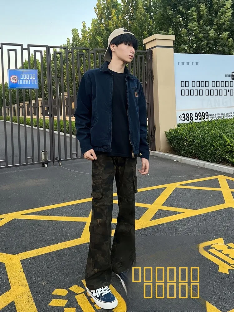 

American Vibe Straight Leg Slim Fit Jeans Men's High Street Camouflage Workwear Trousers Cleanfit Bootcut Denim Pants