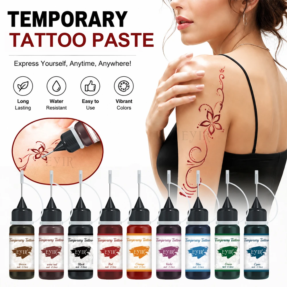 EYIR 9 Colors Henna Tattoo Paste Set Temporary Tattoo Ink With 3 Sheets Stencils Body Art Painting DIY Festival Party