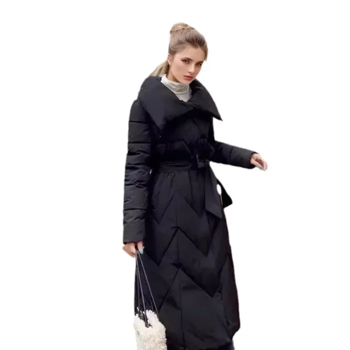 Women's New  Winter Long Jacket Female Large Lapel Knee Length Cotton Jacket Women Pure Color Thicken Warm Parkas Women's Jacket