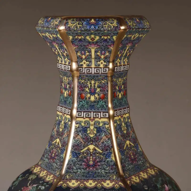 Chinese antique porcelain collection Qianlong enamel painted flower bird hexagonal deep blue vase modern exquisite crafts