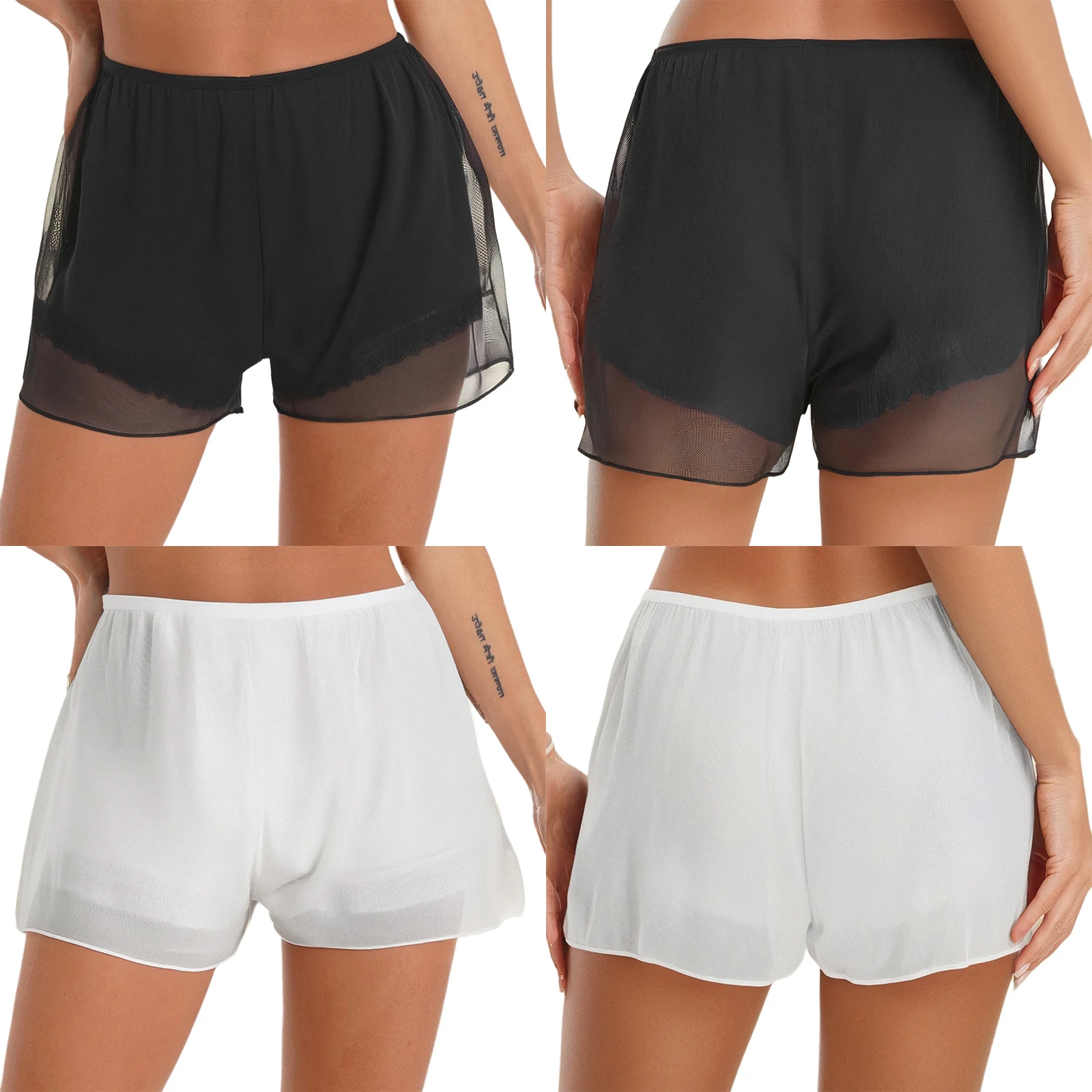 Women Silky Mesh Patchwork Lace Trim Safety Shorts Elastic Waist Two Layers Lining Shorts Pettipants for Daily Casual Vacation