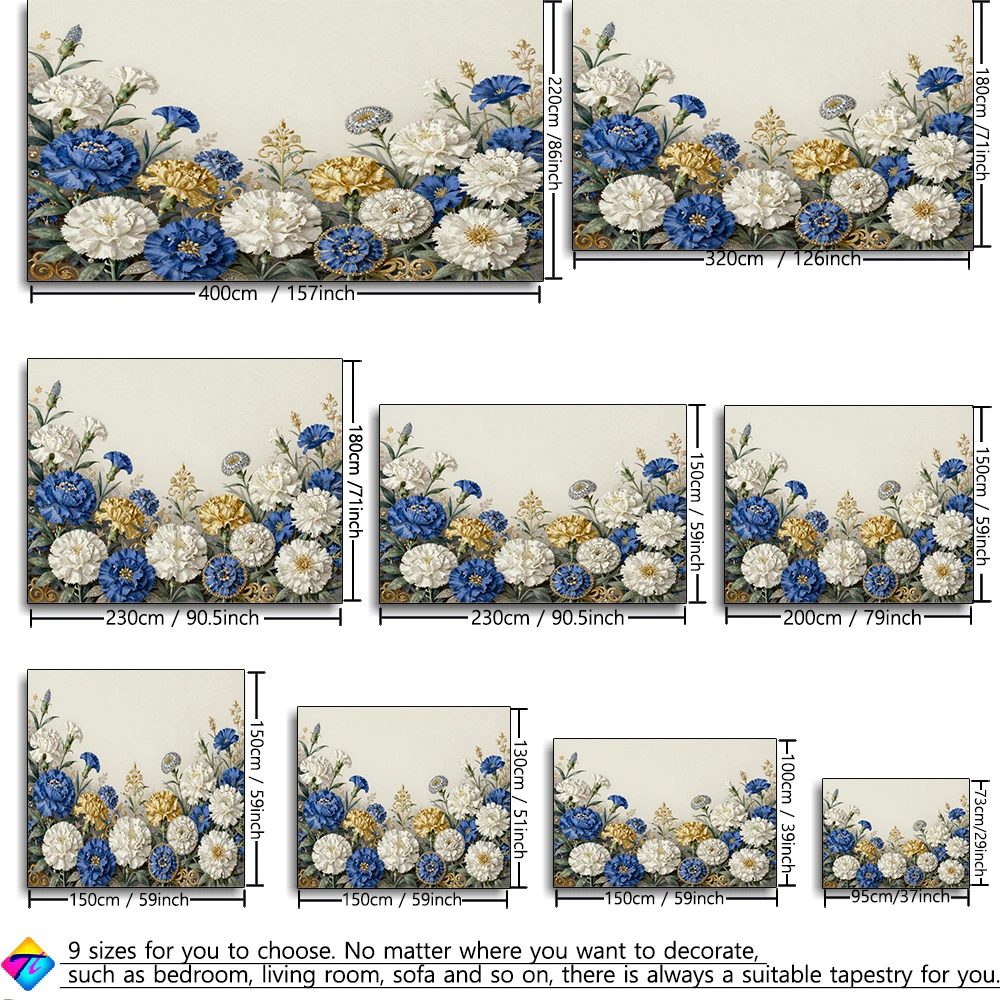 Blue And White Gold Floral Pattern European Style Tapestry Wall Hanging Bohemian Style Living Room Bedroom Home Decor