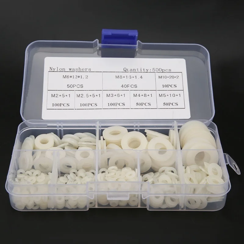 500pcs/Box Nylon Washer Set M2 M2.5 M3 M4 M5 M6 M8 M10 Hardware Fasteners AccessoriesWhite
