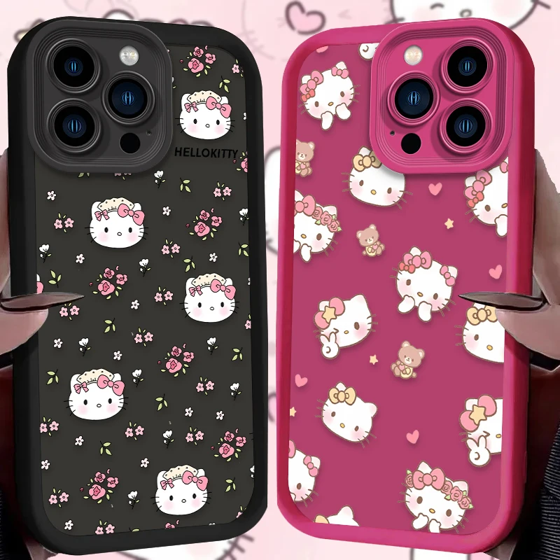 Hello Kitty Flower Case For iPhone 16 15 14 13 12 11 Pro Max X XS X S Max XR SE 2020 7 8 Plus Shockproof Silicone Back Cover