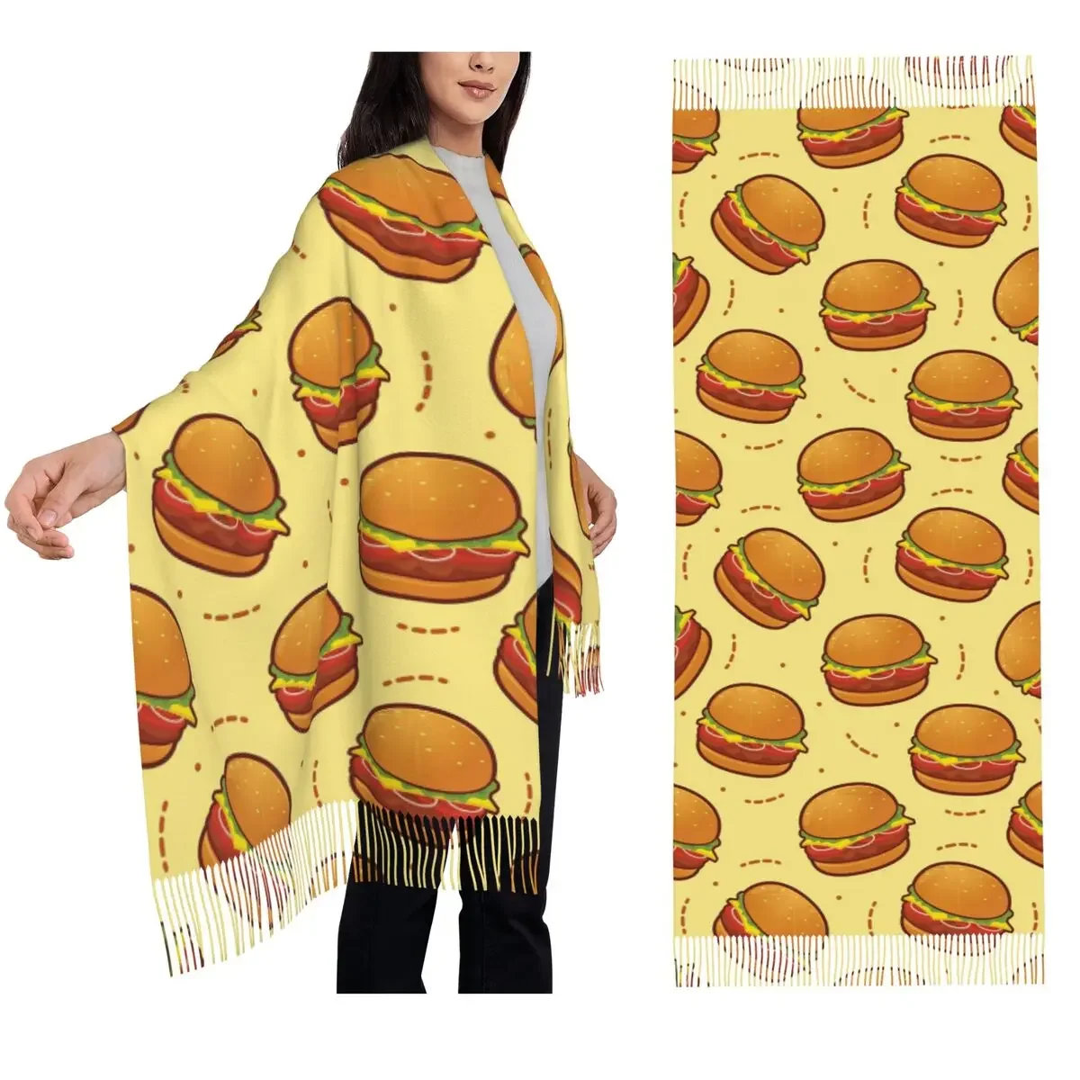 

Шарф с узором гамбургера, шарфы с кисточками для женщин, мягкие теплые шали и накидки, большая осенне-зимняя шаль