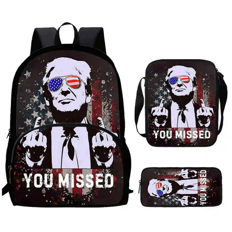 3Pc Set Trump 2024 Printed Kids School Backpacks with Shoulder Bag Pencil Case,Cartoon Child Book Bags for Pupil Students