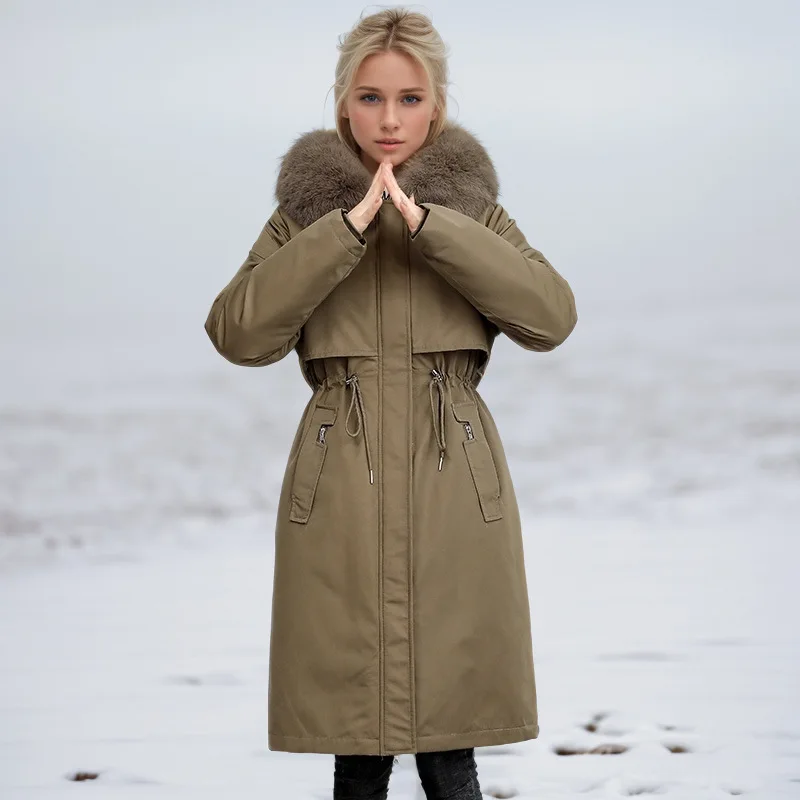 

Winter Women's Quilted Jacket Solid Faux Fur Trimmed Hood Waist-cinching Pockets Coat For Female Long Casual Lady's Padded Coat