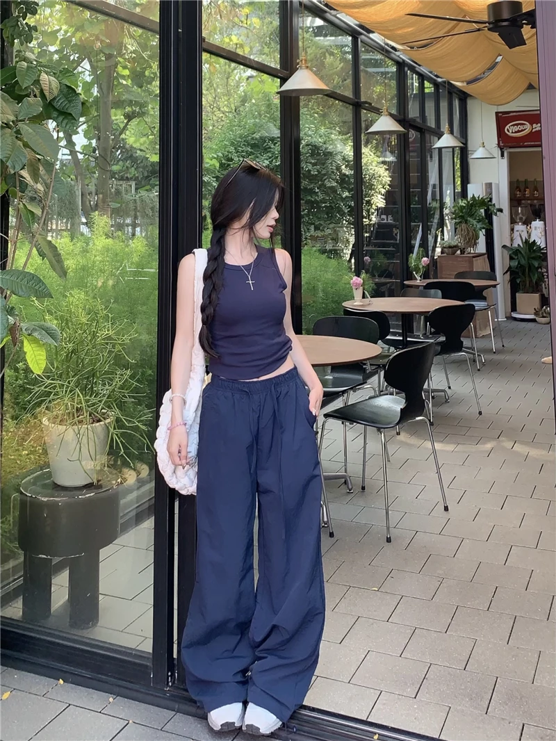 2024 Summer New Korean System East Gate Simple Solid Color Loose Wide Leg Cargo Casual Pants Women