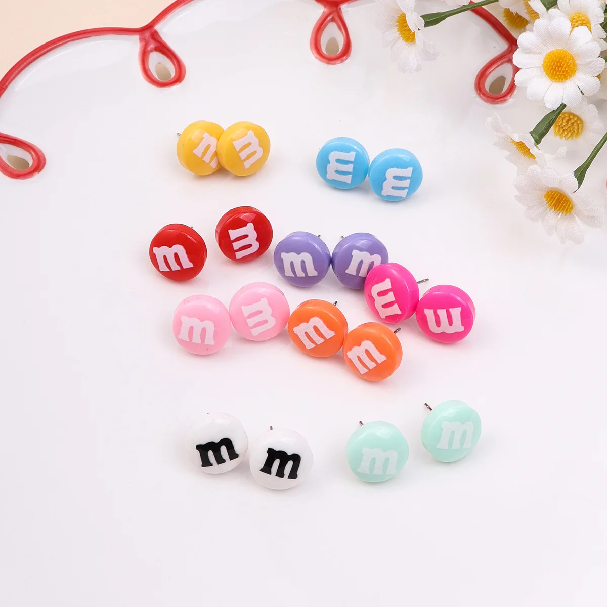 Kawaii Letter M Beans Earrings For Women Resin Cabochon Round Candy Ear Stud Fake Food Pierced Fashion Jewelry