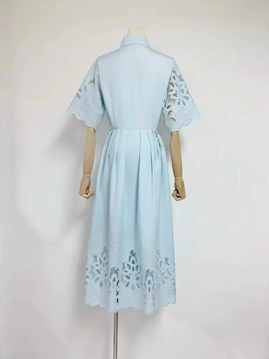 VGH Plus Size Spliced Buttons Shirt Dress for Women Lapel Short Sleeve High Waist Patchwork Hollow Out Elegant Dresses Female