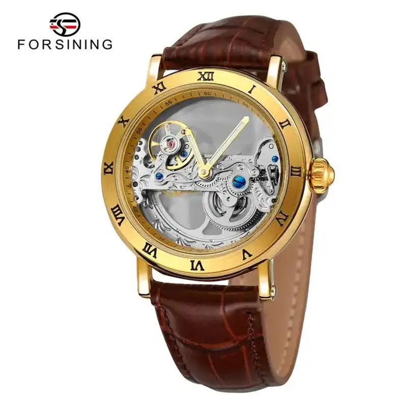 Fashion Forsining Top Brand Transparent Skeleton Mechanical Men Leather Waterproof Luminous Hands Steampunk Automatic Watches