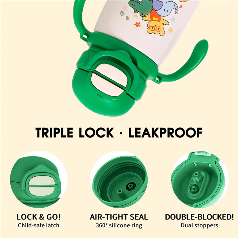 A30F-13Oz キッズ断熱ウォーターボトル、ストロー & 注ぎ口蓋、ショルダーストラップとハンドル付き、316 ステンレススチールウォーターボトル