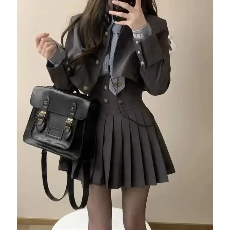 lili 123Spring Preppy Style American Uniform Set Girls Short Suit Coat Long Sleeve Striped Shirt Slim High Waist Pleated Skirt