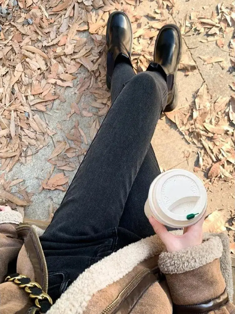 

Джинсы женские с высокой талией, на подкладке, облегающие, эластичные, длиной до щиколотки, повседневные, зимняя коллекция, черные