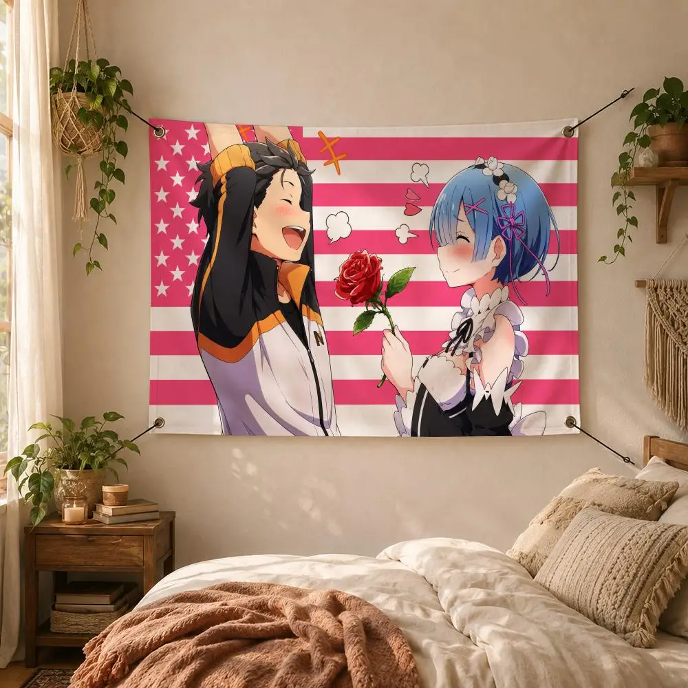 Fantasy Romance Anime S-Subaru x Rem Flags Decorative Flag Banner for Outdoor Garden Yard Camping Party Home Wall Hanging Decor