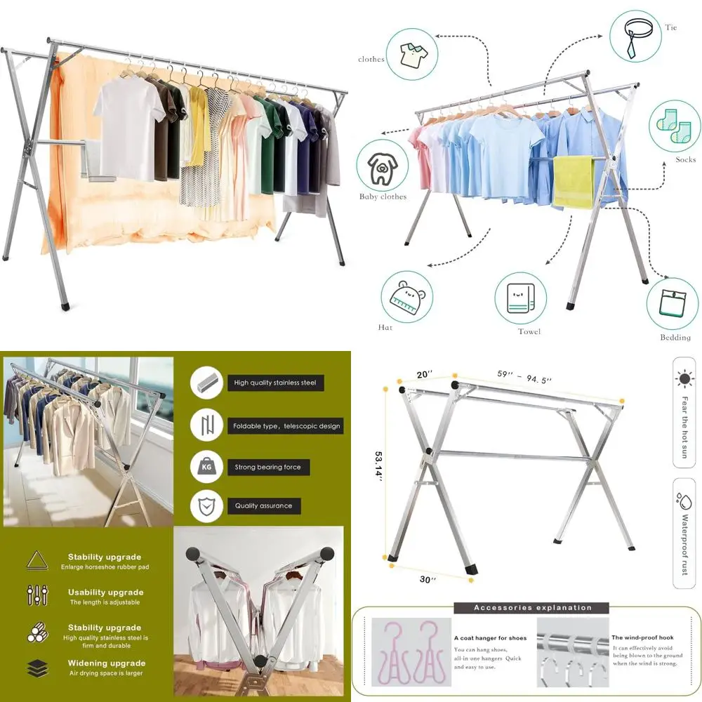 

Регулируемая вешалка для одежды из нержавеющей стали — складная сушилка для белья 94,5 дюйма с компактным дизайном