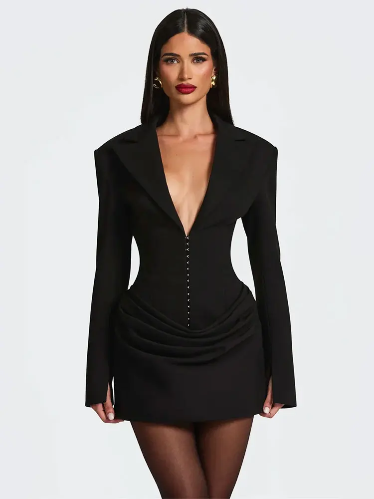 

GACVGA Double Layer Ruched Sexy Blazer Dresses With Scarf Women Autumn Winter Fashion Long Sleeve Club Party Mini Dress