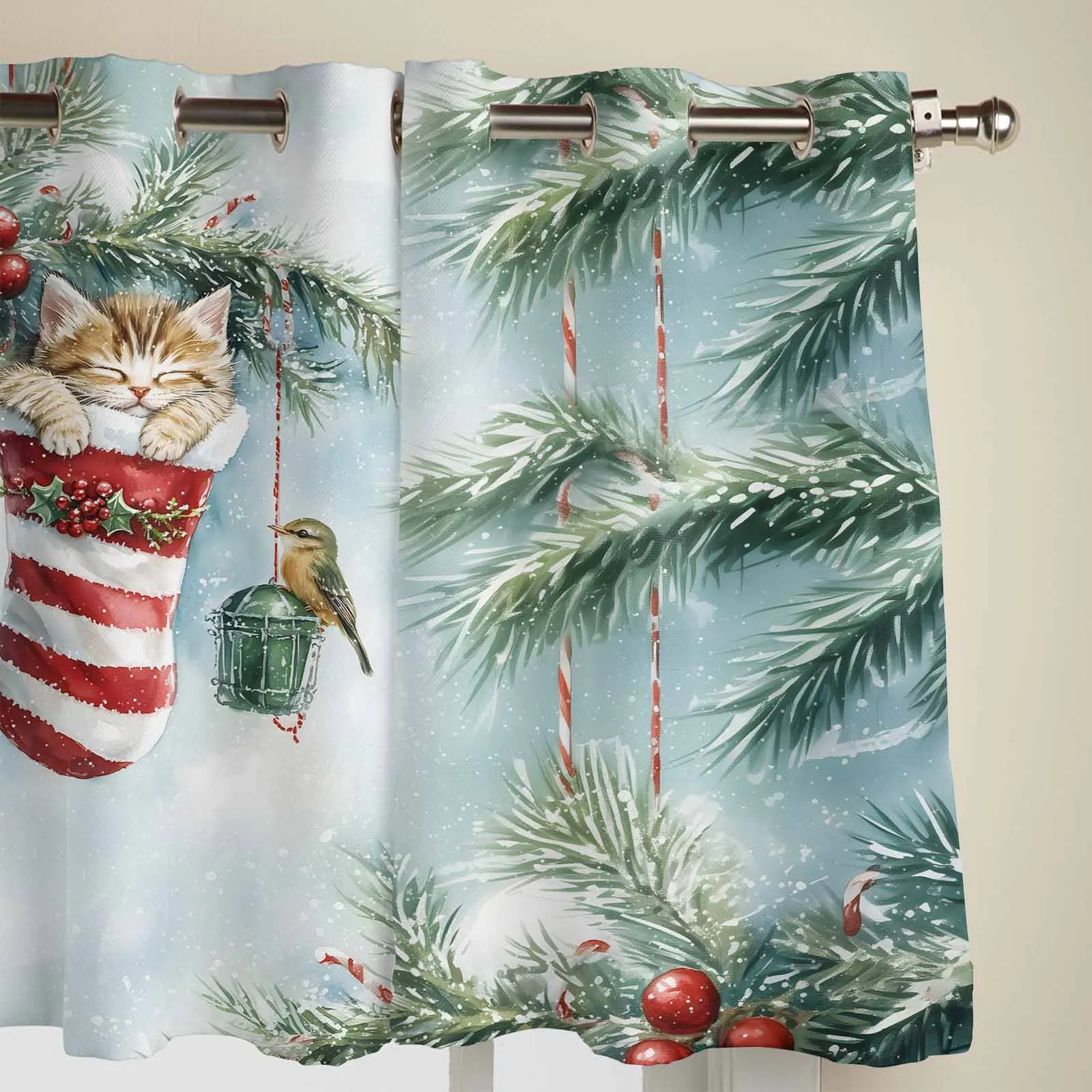 Cat Christmas Socks Plants Window Curtains Printing Curtains for Living Room Modern Design Bedroom Decor Drapes