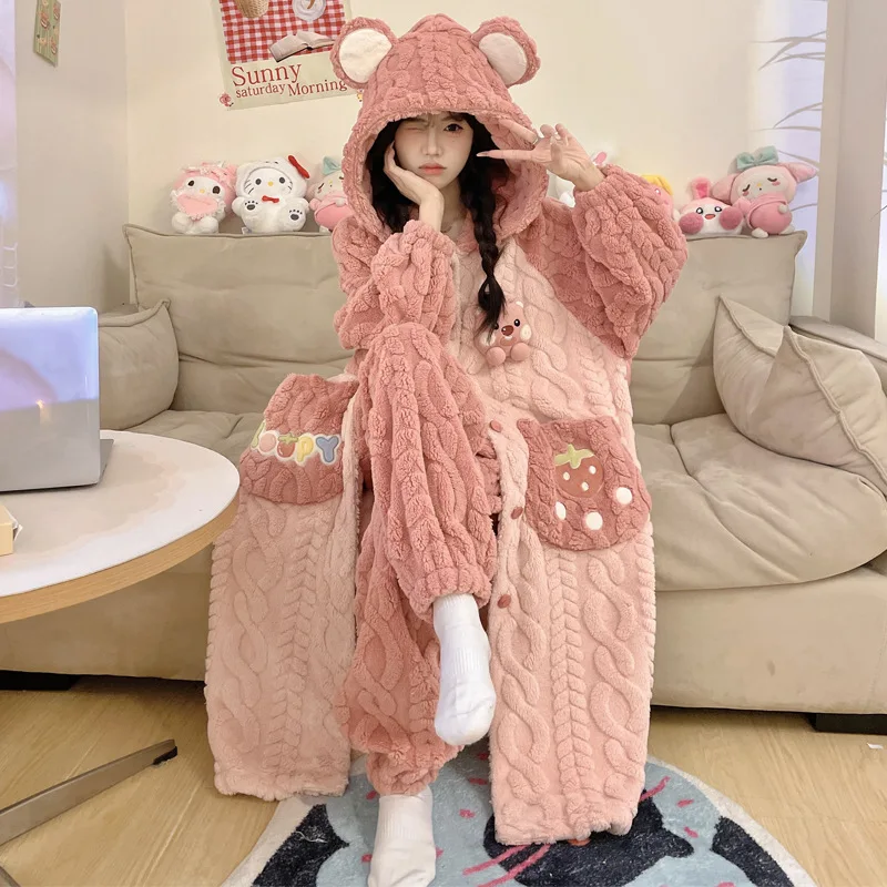 Tide Coral Fleece Nightgown For Women In Winter With Thickened Fleece, New Cute Flannel Set For Home Wear Autumn And Winter