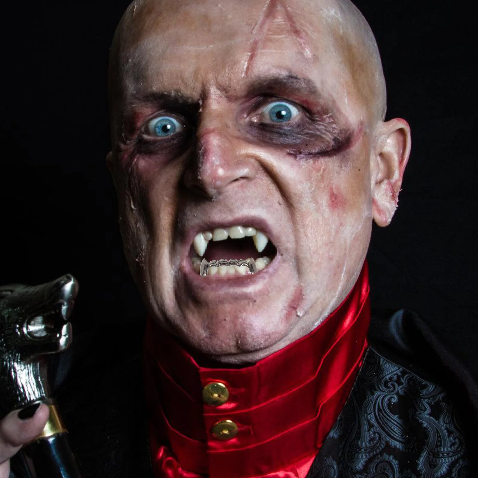 2 szt. Miedziane zęby hip-hopowe, sztuczne nakładki na zęby, odpinane akcesoria na imprezę Halloween, grilli na usta dla mężczyzn, kostium wampira