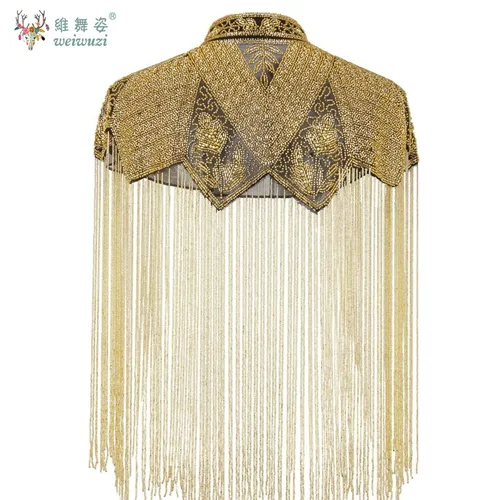 Imagen 2 del producto Chal indio delicado con cuentas para mujer, Cheongsam largo con borlas y hombros descubiertos, vestido de desfile de moda con cuentas hecho a mano, chal de estilo antiguo