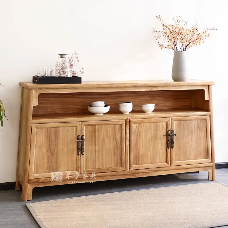 For New Chinese Style Solid Wood Elm Entrance Cabinet Living Room Dining Sideboard Locker Bright Grid Zen