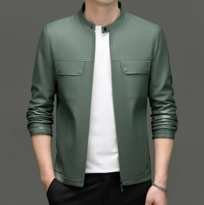 

Spring Autumn Menswear PU Leather High-End Motorcycle Jacket Zipped Stand Collar Retro Green Fashion Casual Leather Jacket