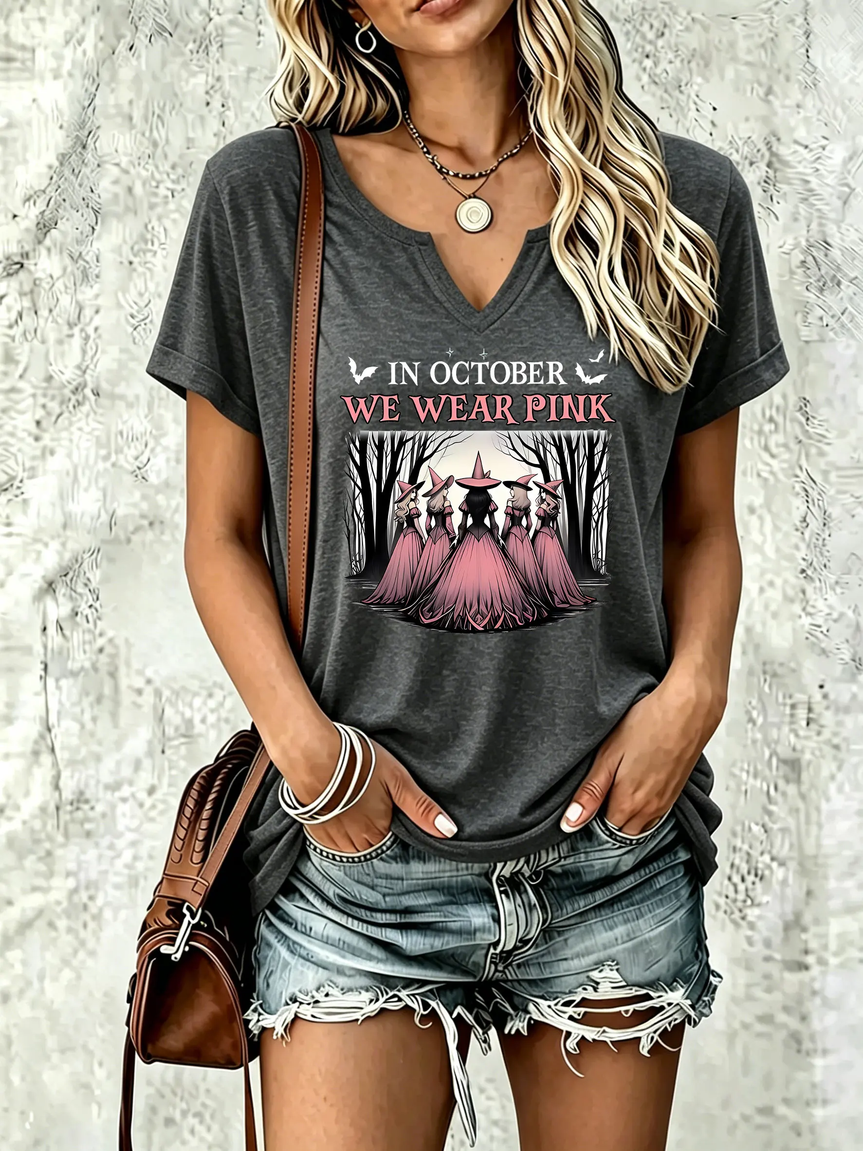Women's V‑Neck Short Sleeve T‑Shirt, Halloween Witch Group Print with Forest Silhouette and Bat Motifs Casual Summer Tee