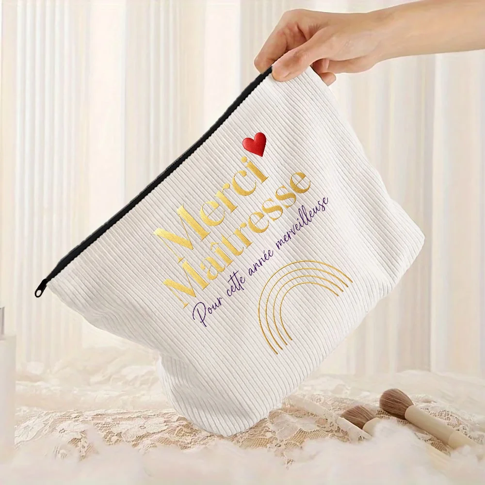 Merci Maîtresse Corduroy Makeup Bag with Rainbow Heart, Zip Pouch, Thank You Teacher Gift, Cosmetic Travel Case for Women