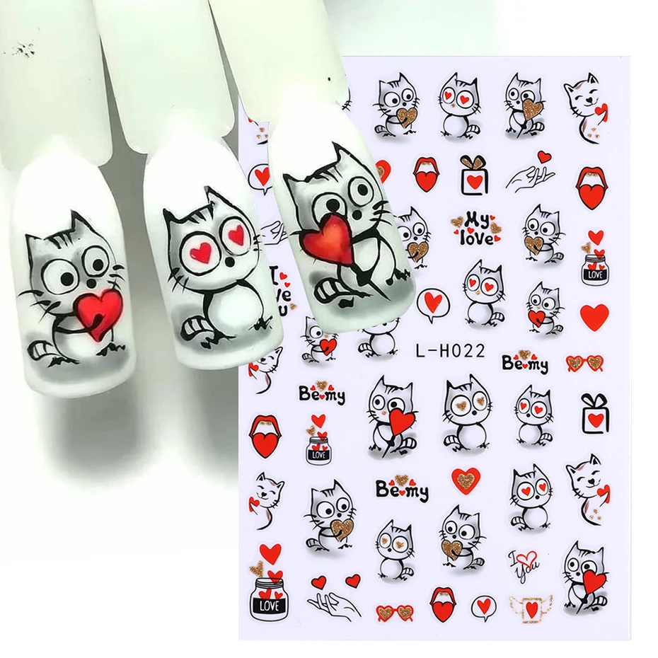 Cute Cartoon Valentine Nail Glitter Sticker Cat Lover Letter Heart Bear Design Adhesive Slider Sweet Powder Decal Manicure Decor