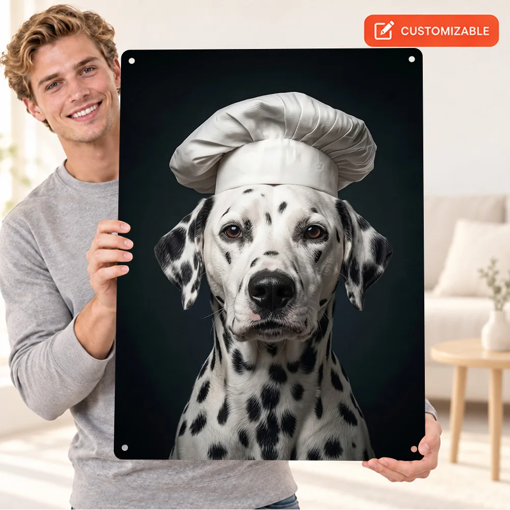 Dalmatian Dog Wearing Chef Hat Textured Metal Poster Animal Portrait Bedroom Wall Art Personalized Aluminum Sign Birthday Gift
