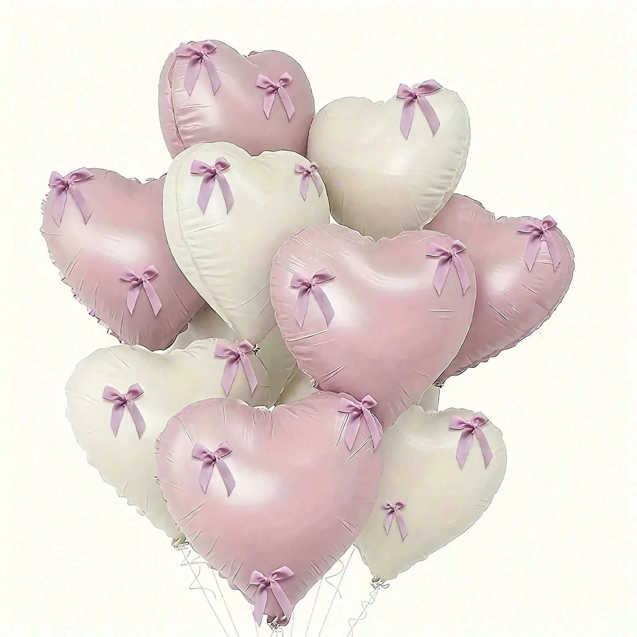 22pcs Set Pink And White Heart-Shaped Aluminum Foil Balloons with Pink Bowties for Party Decoration Wedding Birthday Celebration