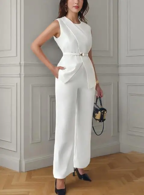 

Комплект из двух предметов, женский наряд, весна-лето 2024, новый однотонный топ без рукавов с круглым вырезом и карманами с высокой талией, комплект брюк