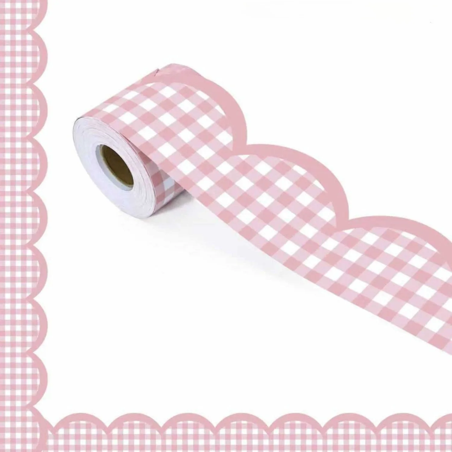 Pink grid decorative wall trim with self-adhesive design. Durable border for school, home and office bulletin board decoration.