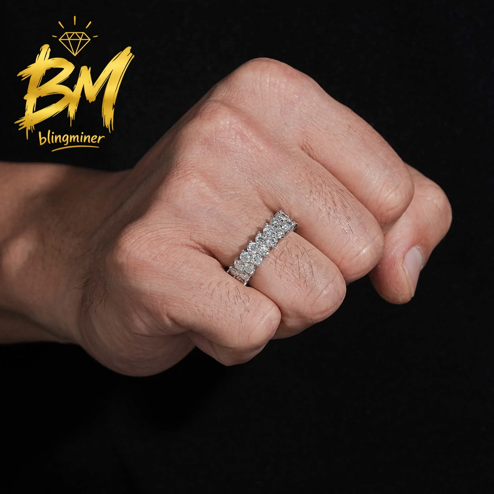 Blingminer 2 Rows Round Cut VVS Moissanite Rings For Men S925 Silver Finger Jewelry Pass Diamonds Tester GRA Free Shipping