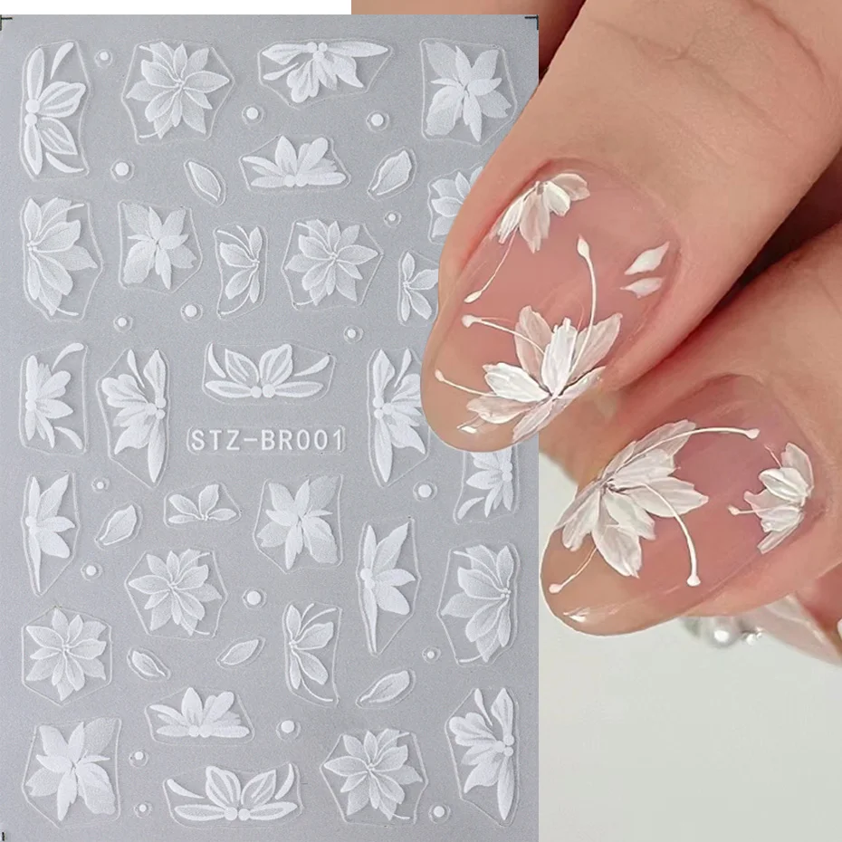 3D White Flower Nail Art Stickers Cute Floral Adhesive Sliders Acrylic Decoration Decals DIY Nail Charms Adhesive Accessories