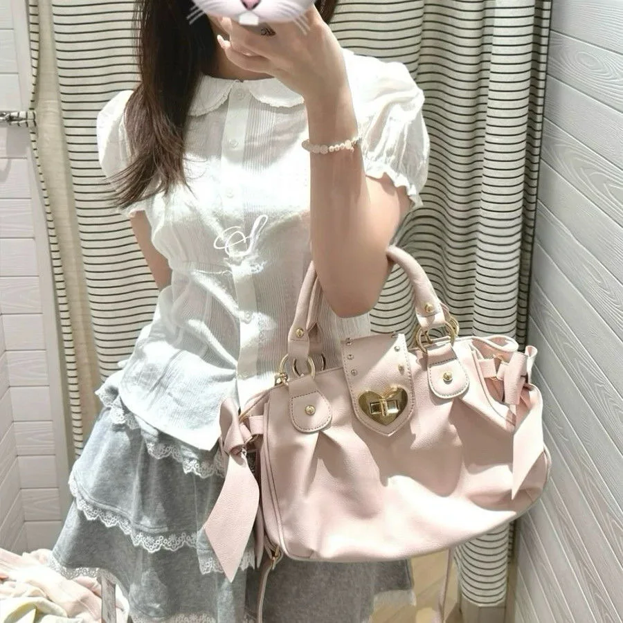 Sweet Bow Lolita Pink Women Handbag Harajuku Japanese Style Love Heart Soft Crossbody Bag Kawaii Large Capacity Shoulder Bags 가방