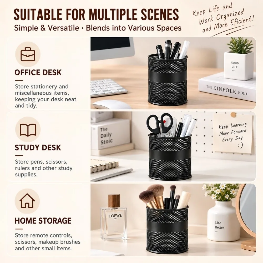Practical Round Shape Pen Holder Iron Material Metal Mesh Pencil Holder Hollow Design Stationery Organizer For Students