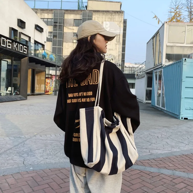 Striped Canvas Bag for Women Simple Literary Shoulder Bag Large Capacity Lazy Wind Canvas Hand-held Shopping Bag Casual Tote Bag