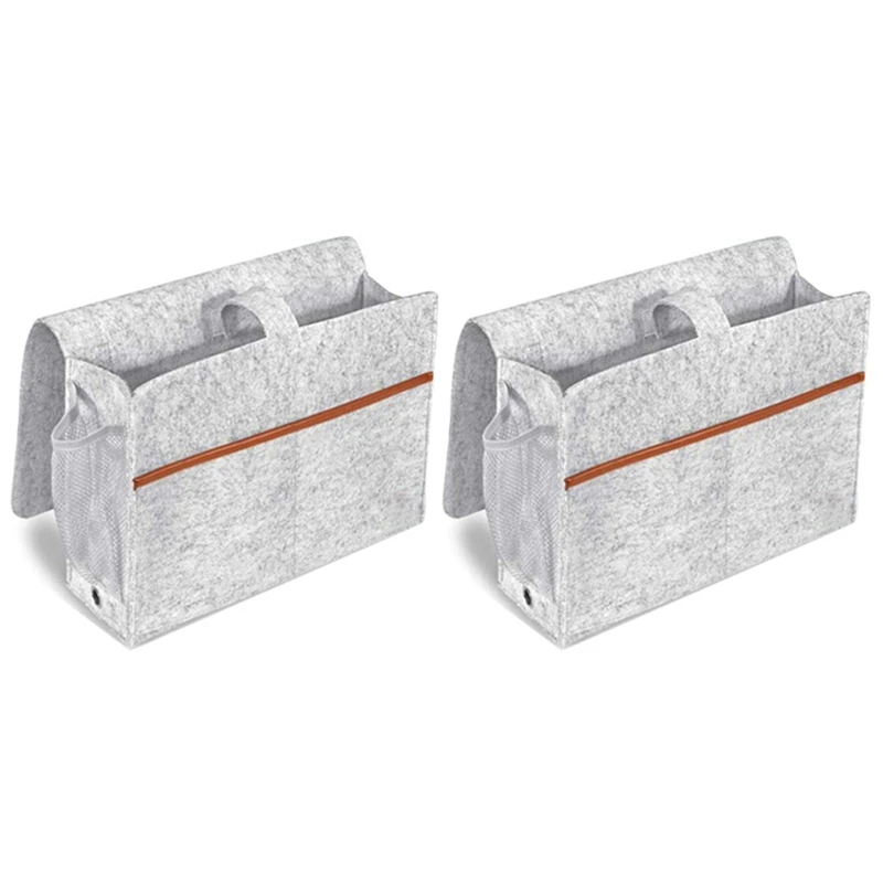 2X Bedside Organizer, Felt Bed Storage Caddy With Tissue Box And Water Bottle Holder, Magazine Phone Tablet - Light Gray