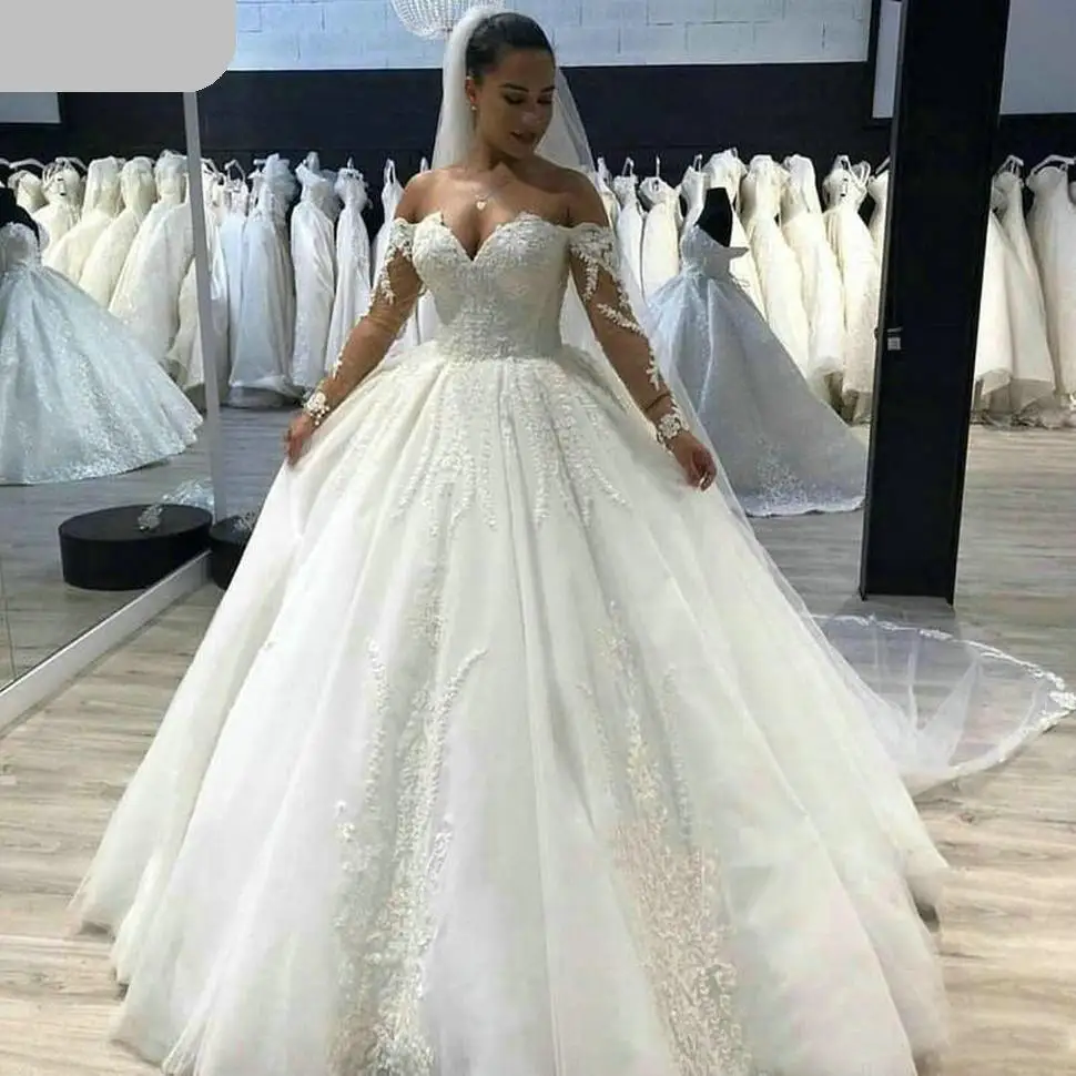 Vestido de novia blanco de lujo con hombros descubiertos, elegante vestido de novia con apliques de encaje, manga larga, escote corazón