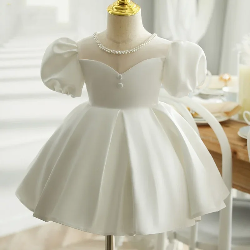 

Baby Girl Princess Pearl Neck Dress Puff Sleeve Infant Toddler Child Vintage Vestido Party Pageant Birthday Baptism Frocks 1-12Y