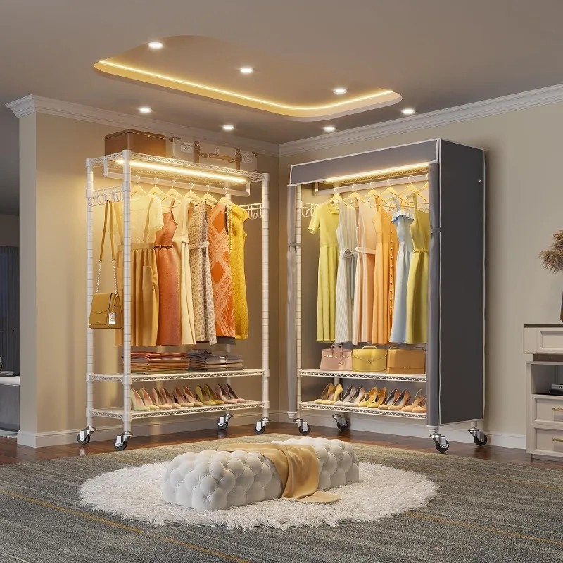 

R1LC Clothes Rack With Cover, Heavy Duty Garment Rack With Dimmable LED Lights, Rolling Portable Closet For Hanging Clothe