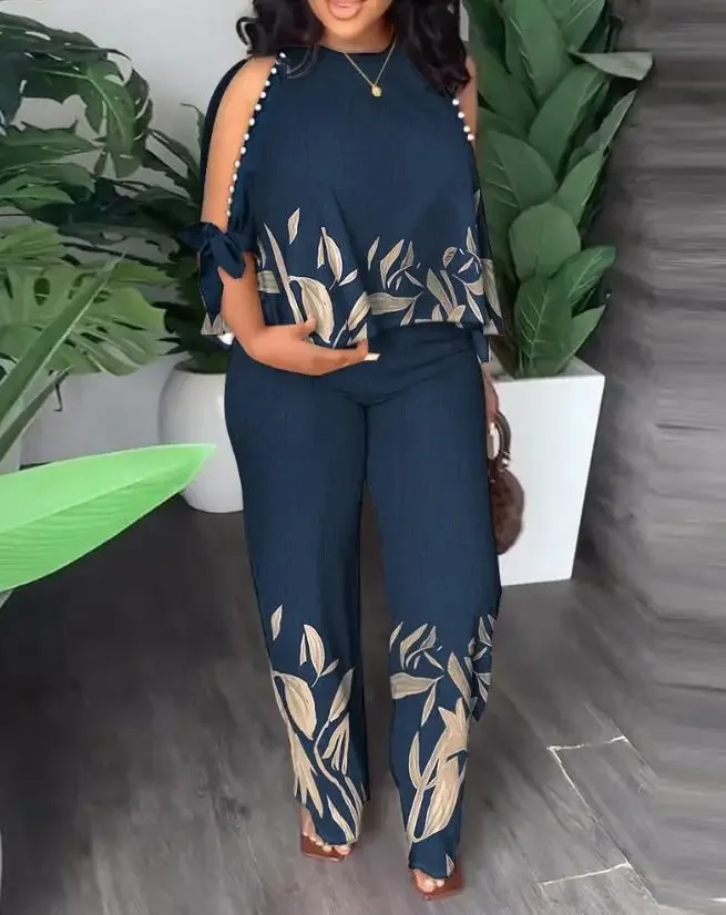 CPSYMYM Two Piece Sets Women Outifit Summer Plants Print Split Sleeve O-Neck Top & Casual Straight Leg Pants Set Streetw