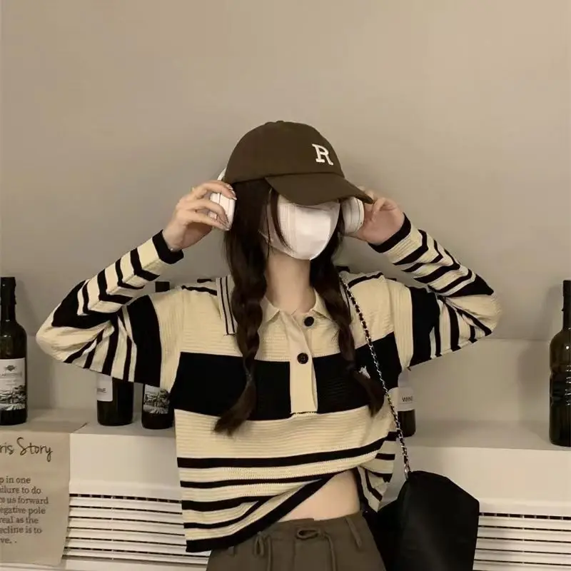 Polo Neck Striped Sweater Spring and Autumn New Niche Long-sleeved T-shirt Female Slim Top